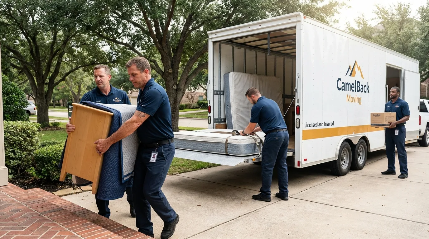 Crew loading residential truck for cross-state move from Camino, CA