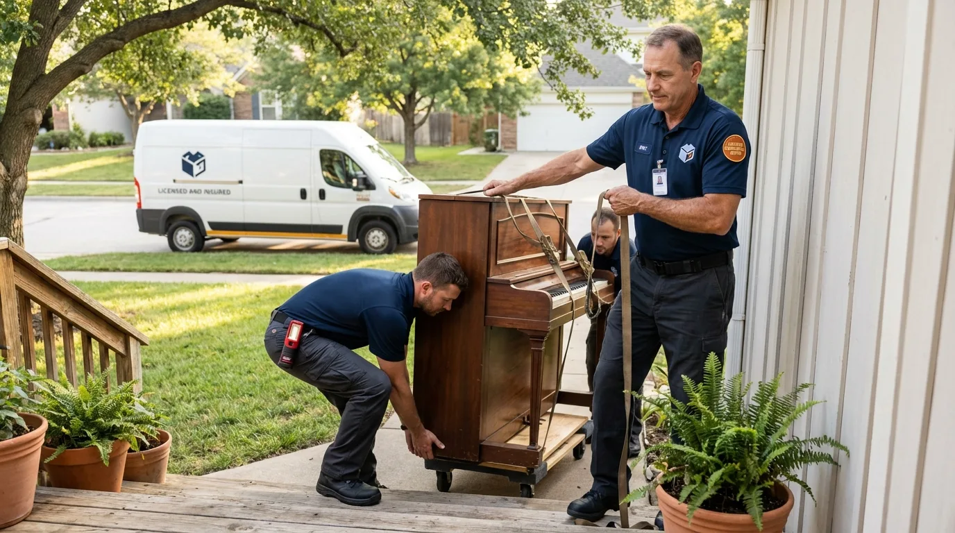 Licensed piano movers securing grand piano in Camino, CA