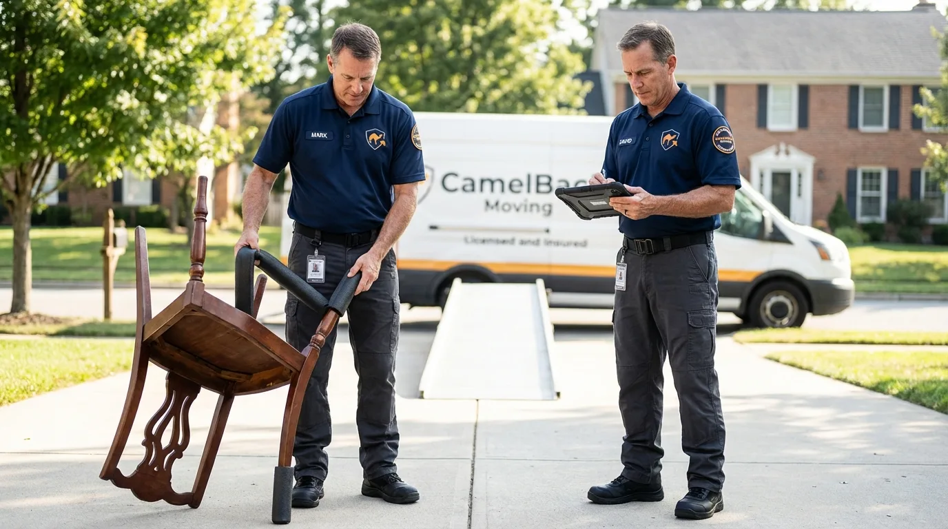 Movers inspecting furniture for damage prevention before loading in Camino, CA