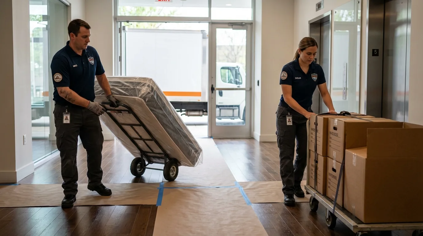 Professional apartment movers loading elevator in Camino, CA