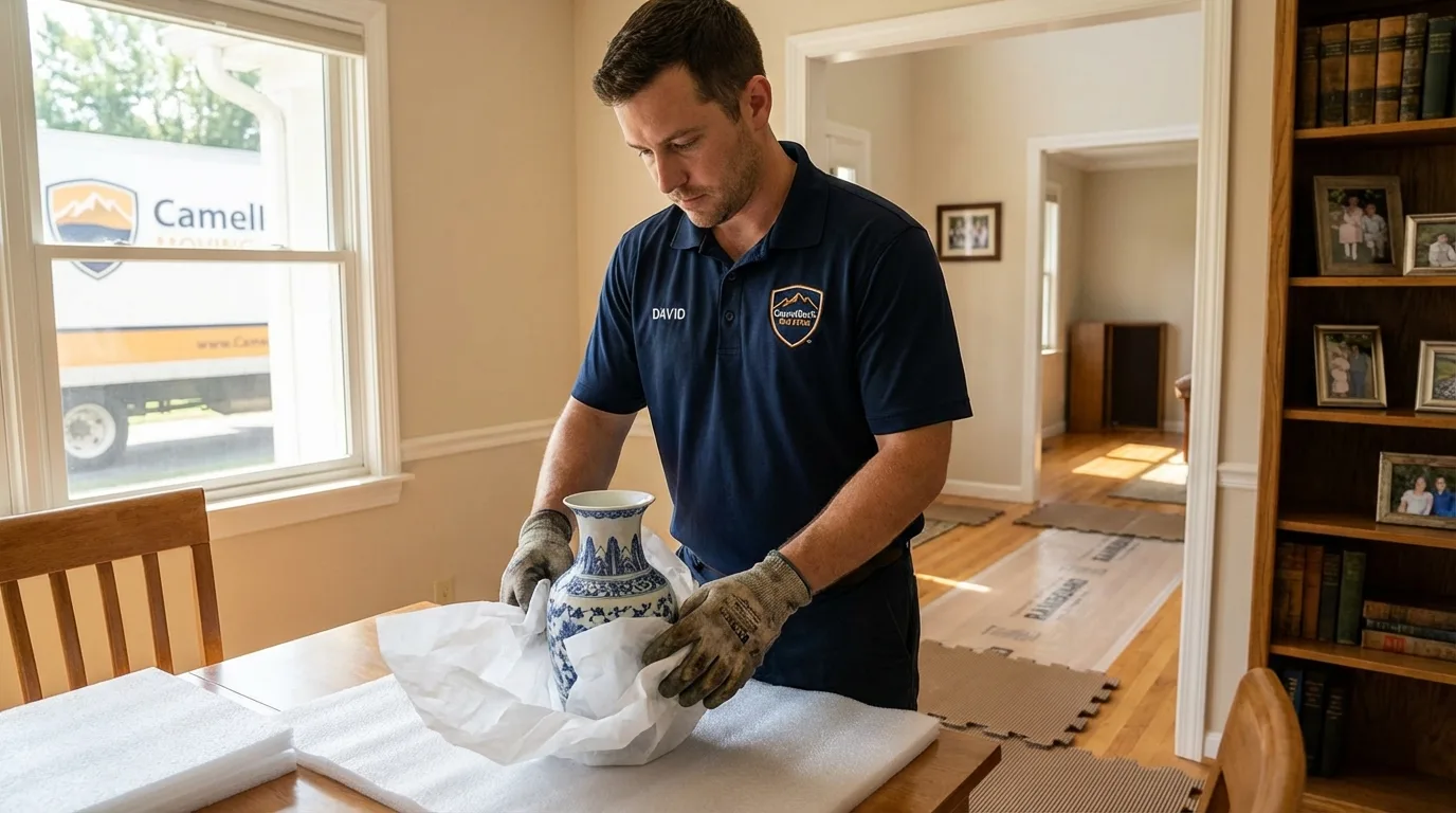 Professional crew carefully wrapping antique vase for senior downsizing move in Camino, CA