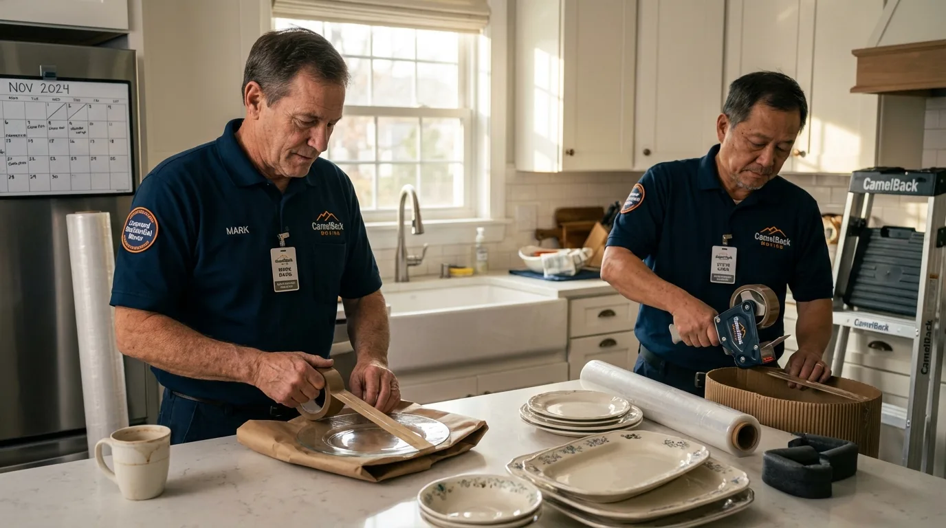 Professional crew packing kitchen dishware in Camino, CA